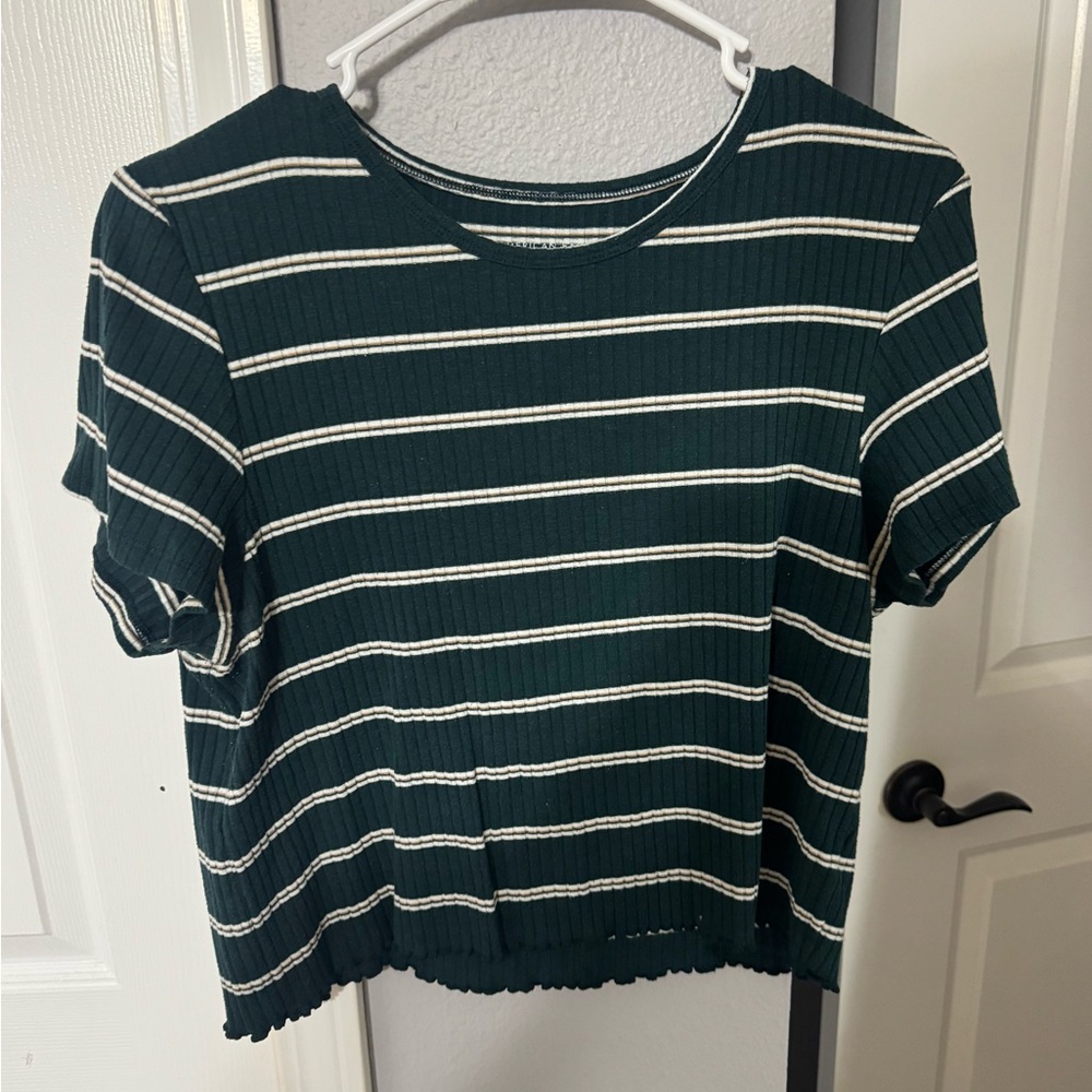 American Eagle Outfitters Dark Green and Cream Ribbed Stripe Crop Tee